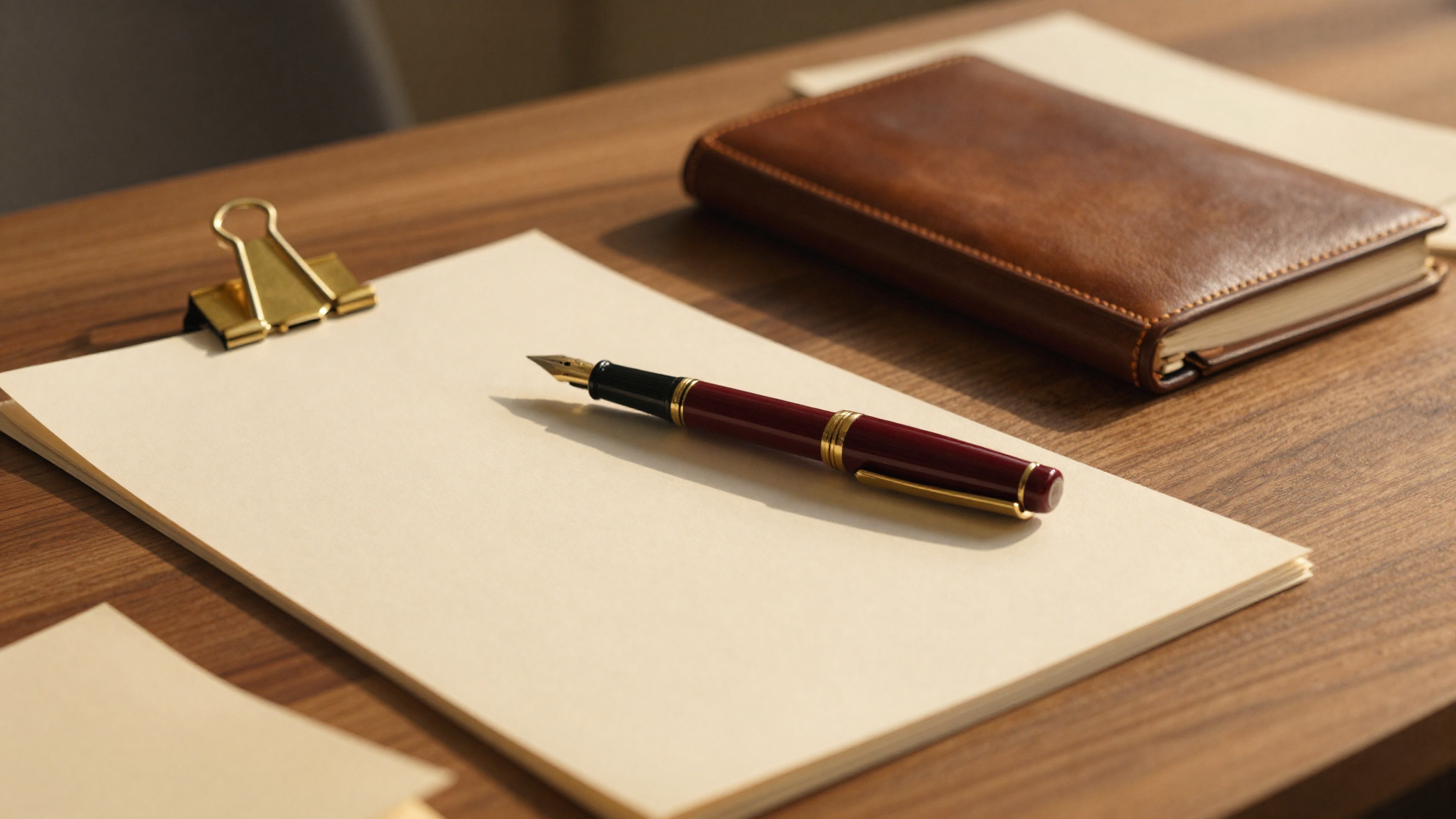 A lawyer's desk with legal papers and warm material details